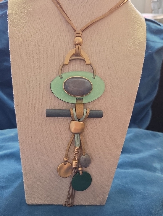 Source Unknown Jewelry - Boho Aqua, Gray & Frosted Goldtone Mixed Media Long Statement Pendant Necklace